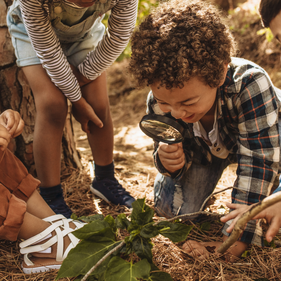 Children observing nature and using a magnifying glass - Before and After School at Wendat Village PS