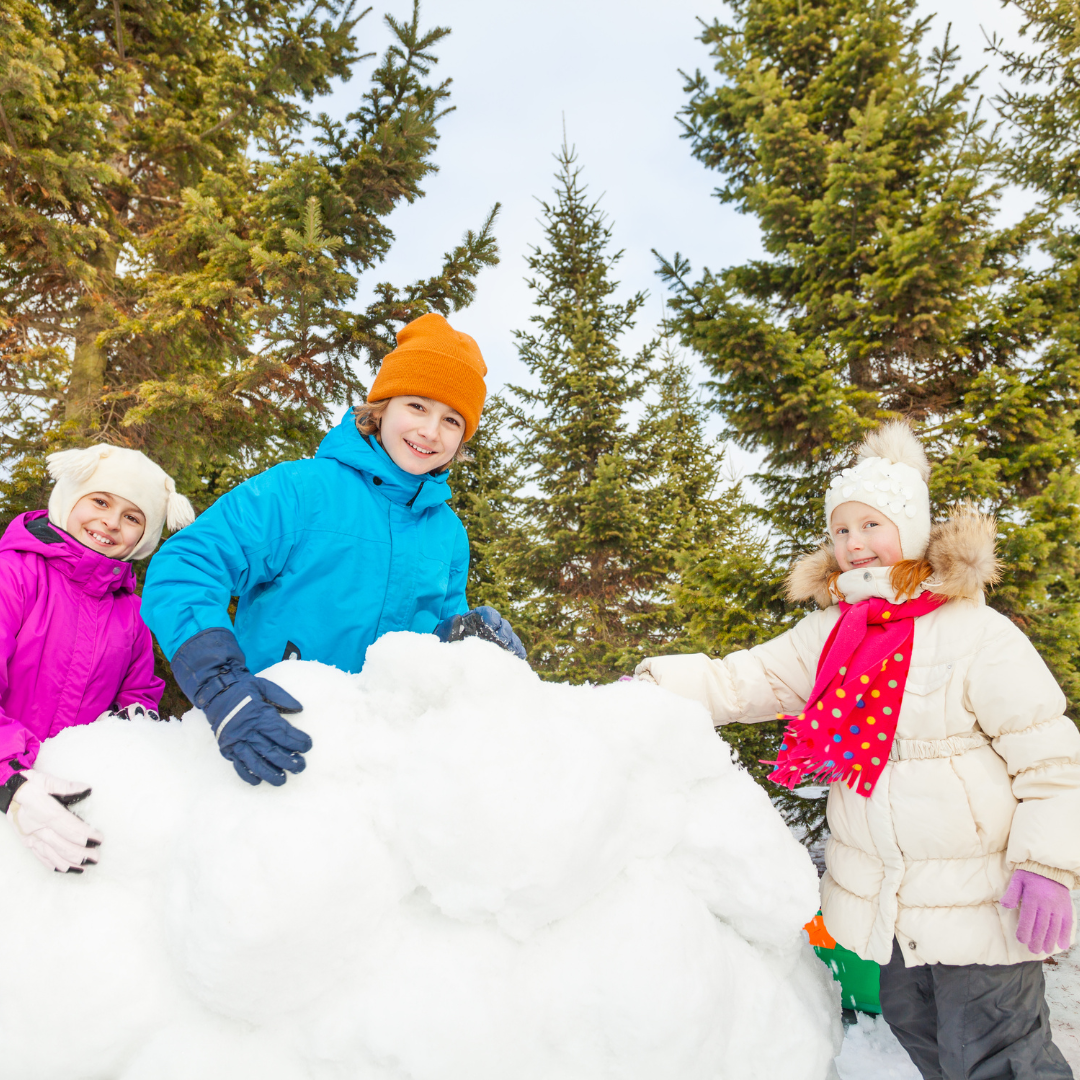 Children outside standing at a pile of snow, large evergreen trees in the background