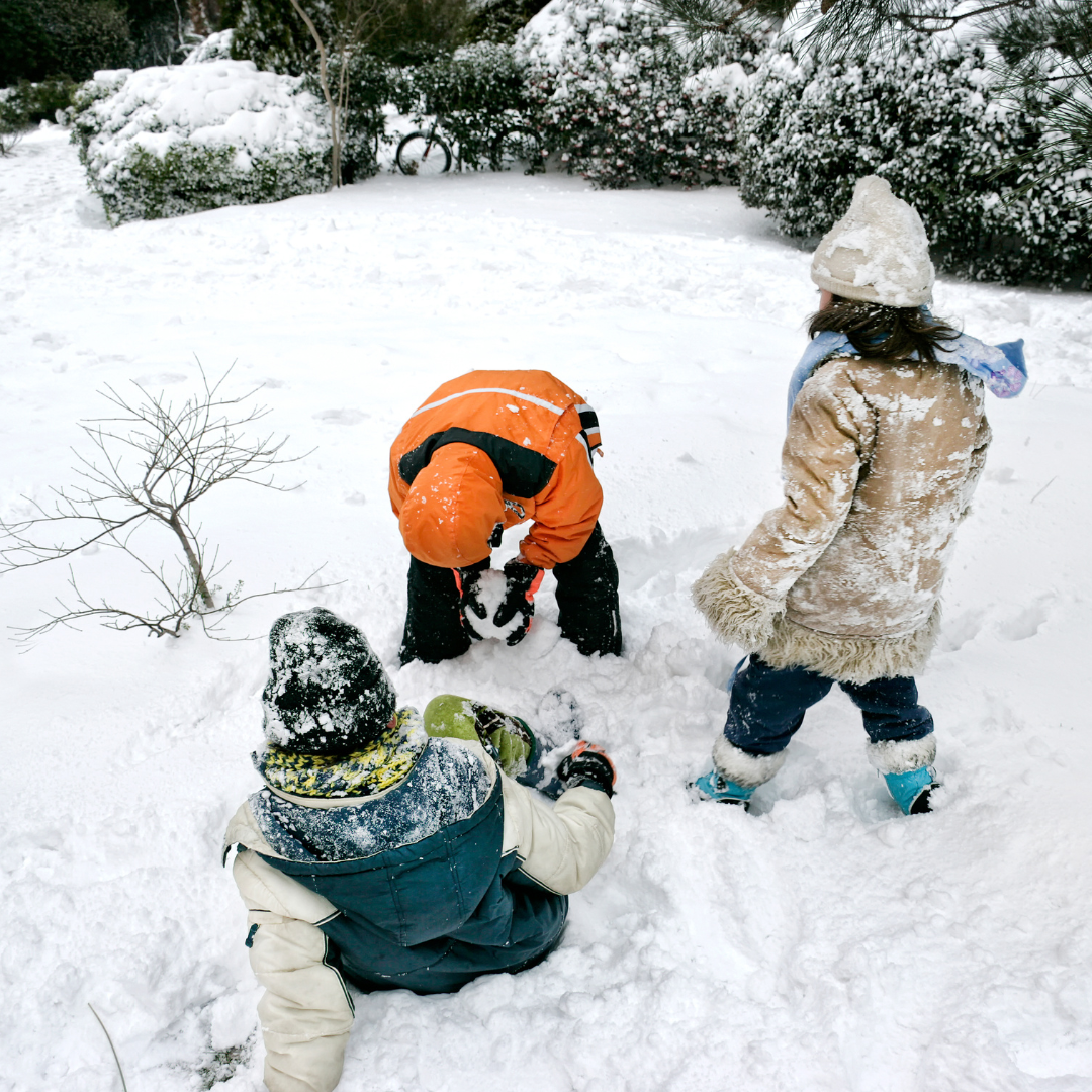 Three children playing in the snow