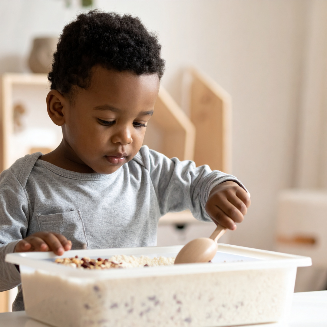 Child scooping in sensory bin