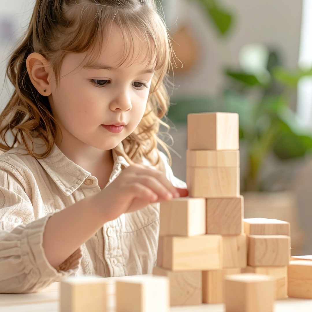 Child stacking small wooden blocks