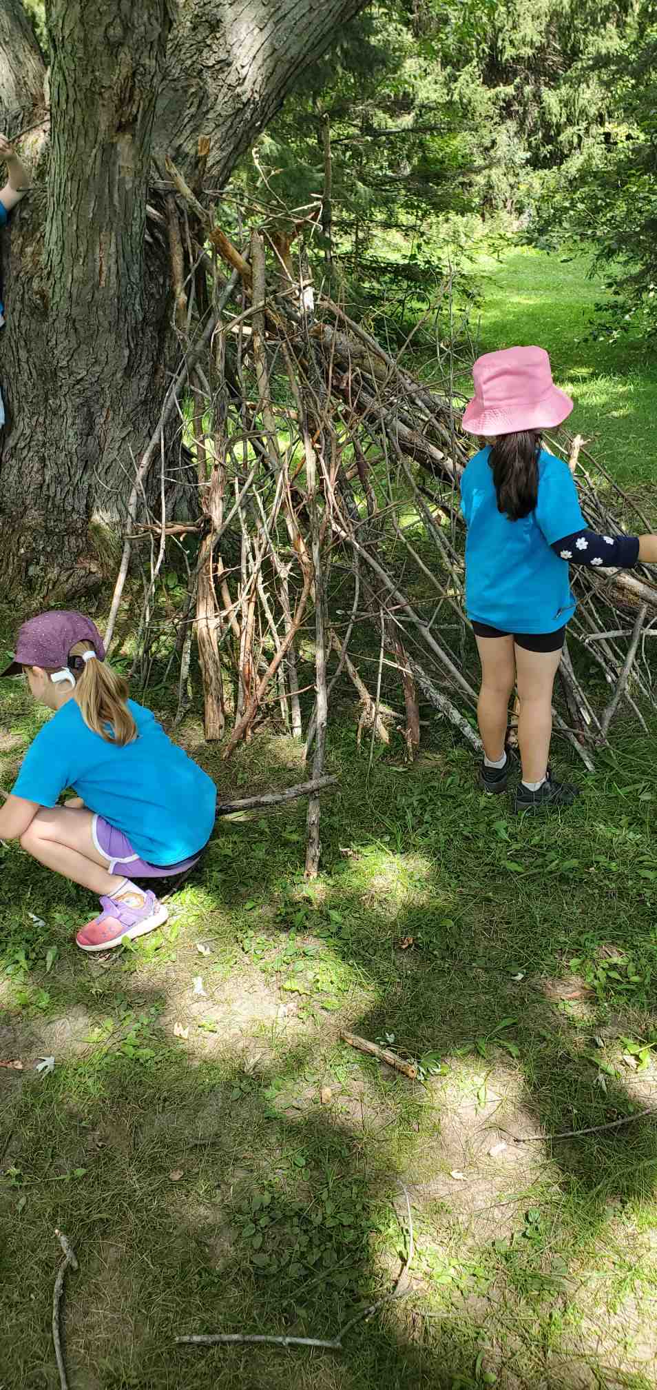 Children building a fort with branches in summer