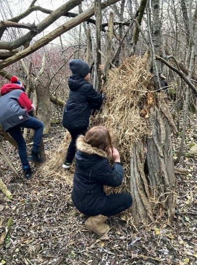 School age children in a forest building a fort made of branches