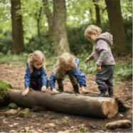 Three children playing with a big tree log in a forest