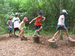 Five children walking along a path of raised tree stumps