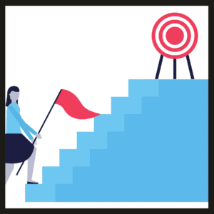 Icon of person with flag climbing stairs to reach a target