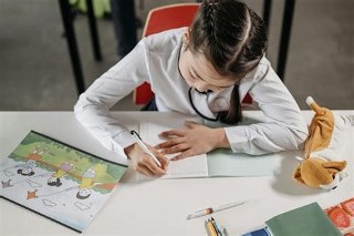 School age child writing at a desk