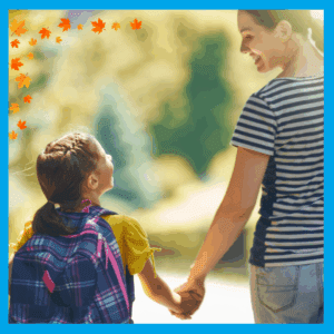 Back to school prep - Kid wearing backpack holding parent hand walking to school 