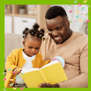 Smiling parent reading book to toddler