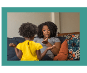 Calm mom having serious conversation with child.
