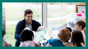 Kindergarten development: teacher reading to kids